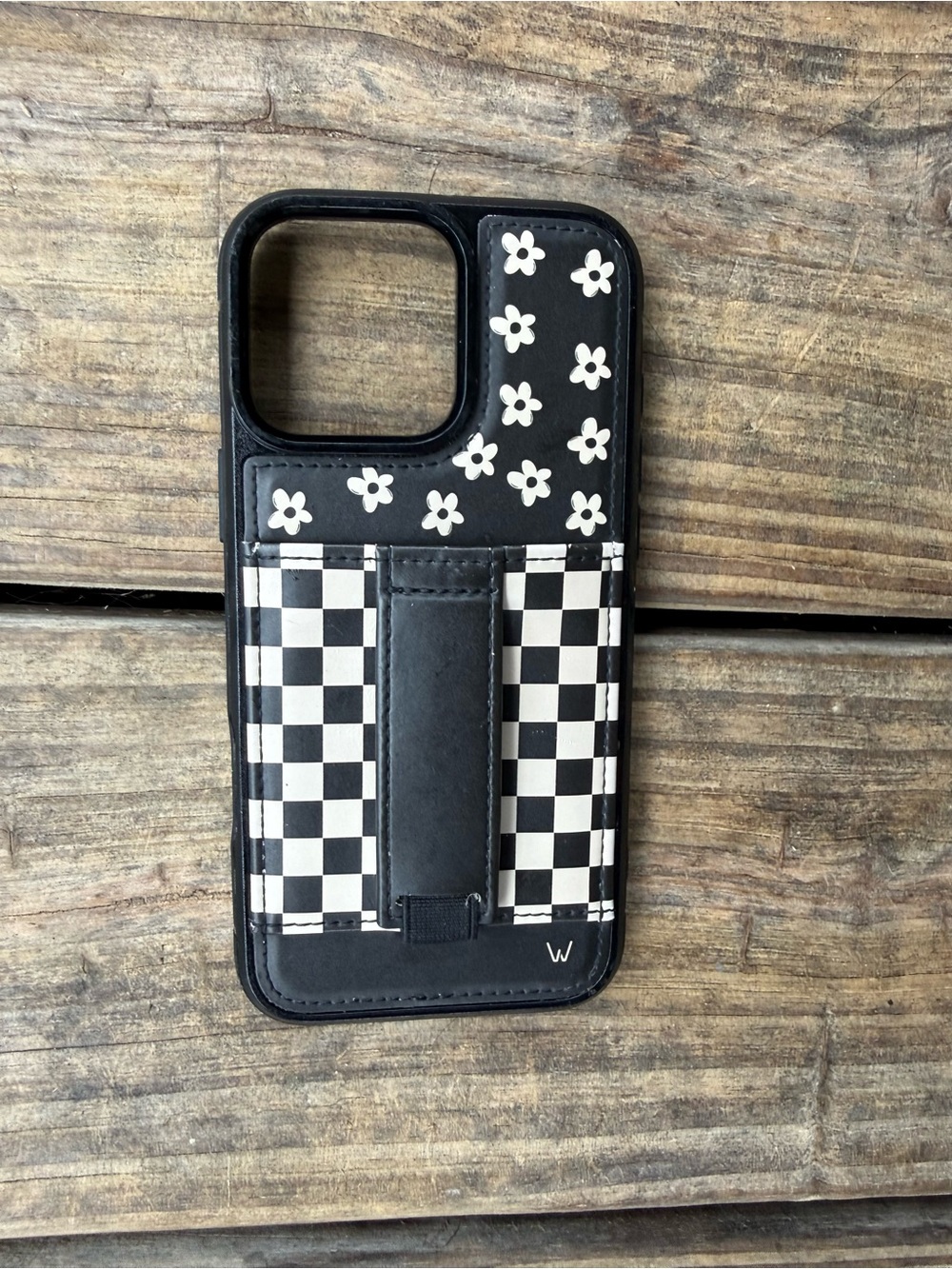 Black Floral & Checkerboard Phone Wallet Case